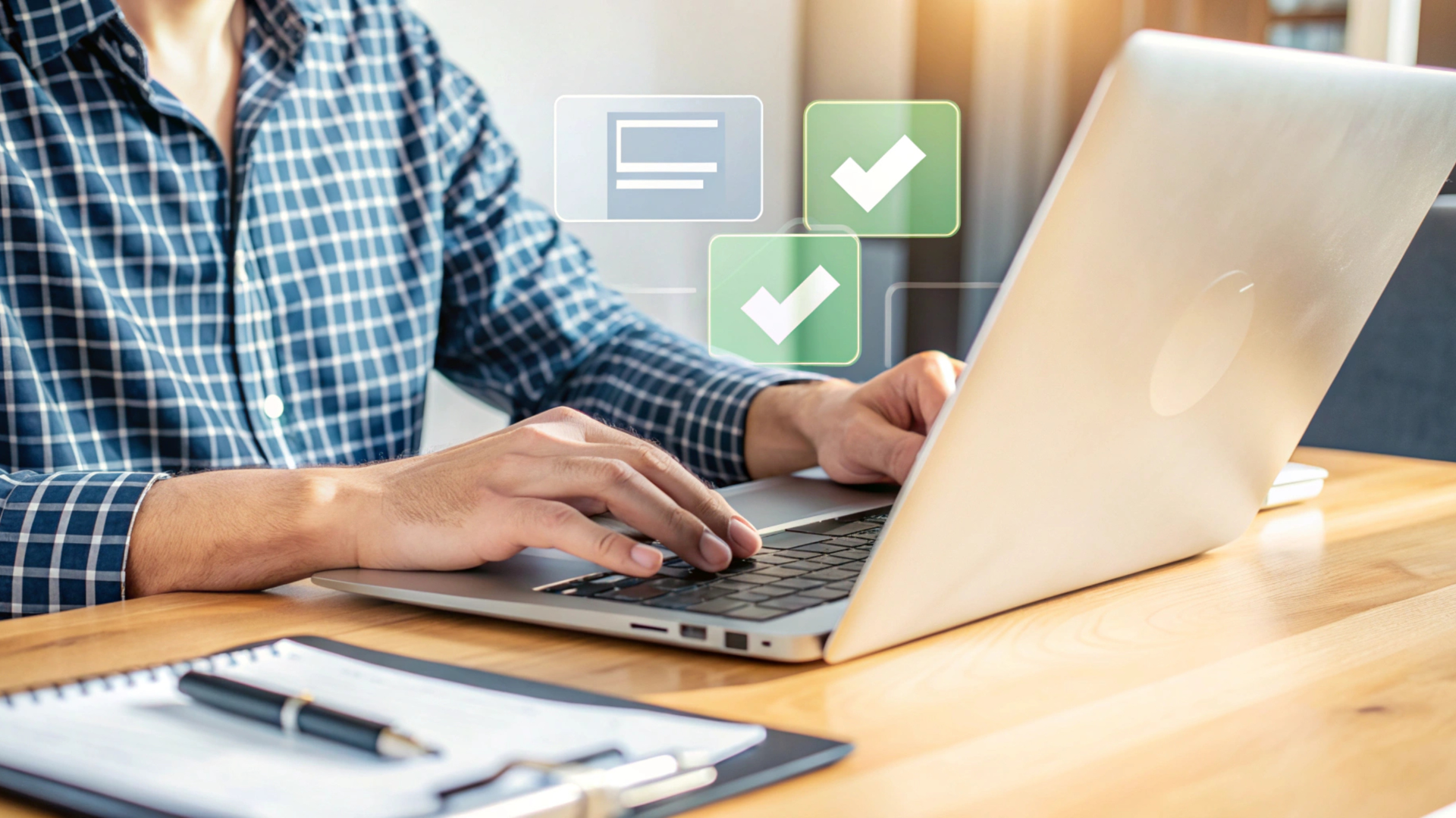 Empreendedor digitando em um notebook com ícones de verificação ao fundo.