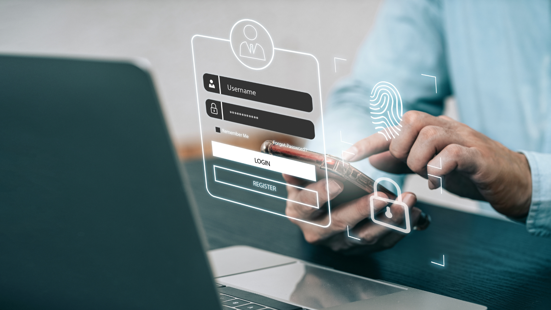 Pessoa utilizando um celular para acessar uma interface de login digital, com ícones de segurança como impressão digital e cadeado sobrepostos. Representa a segurança oferecida pelo certificado digital e-CNPJ para proteger informações empresariais.